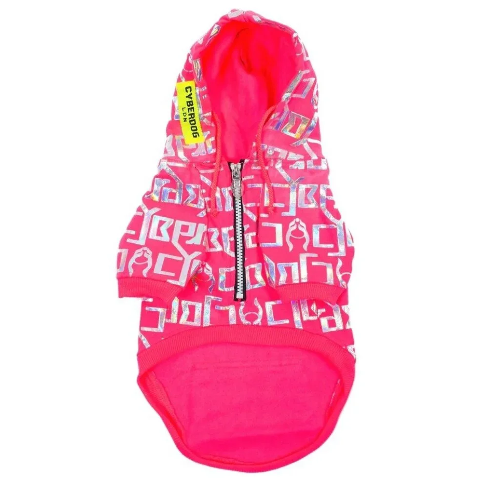 Cyberdog Pink & Silver Dog Hoodie Jacket Ambigram Logo Futuristic Pet Coat M